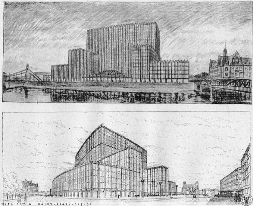 Max Berg. Projekt wieżowca handlowego na Lessingplatz w miejscu dzisiejszego Urzędu Wojewódzkiego