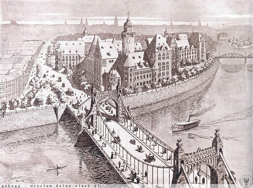Miejski radca budowlany Richard Plüddemann, projektując w 1902 r. gmach nowego ratusza na lewym brzegu Odry, przedstawił też swoją wizję nowego mostu.