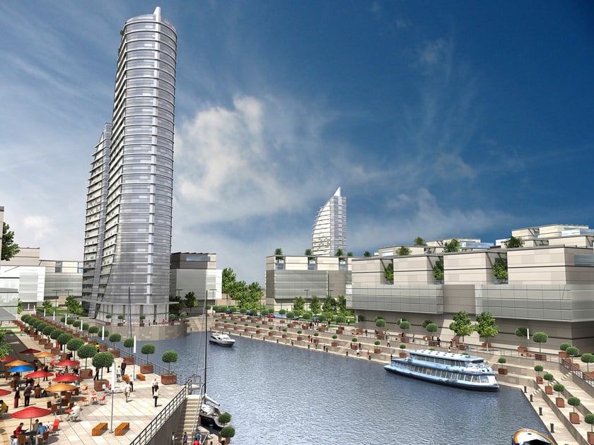 Wizualizacje niezrealizowanego osiedla Marina Park. Inwestor: Rank Progress S.A. Projekt: AP Szczepaniak.
