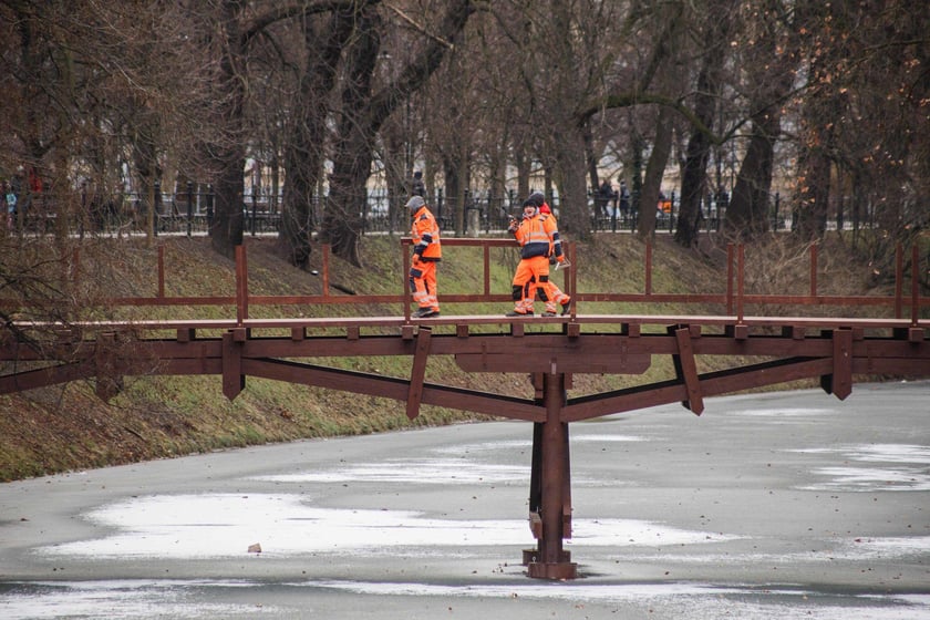 Drewniana Kładka św. Antoniego nad fosą w trakcie budowy, druga połowa stycznia 2024