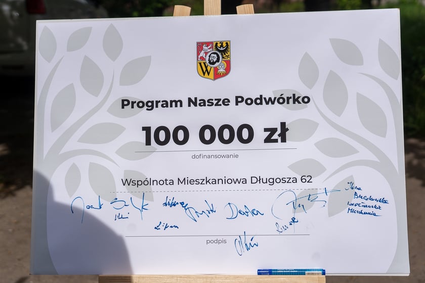 Konferencja prasowa (29 kwietnia) z okazji przystąpienia pierwszego beneficjenta, Wsp&oacute;lnoty Mieszkaniowej Długosza 62, do miejskiego programy "Nasze Podw&oacute;rko"