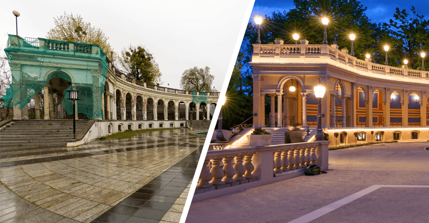 Porównanie poprzedniego i nowego wyglądu Bastionu Sakwowego. Po lewej inwestycja w 2021 roku, po prawej po rewaloryzacji w 2024 roku.