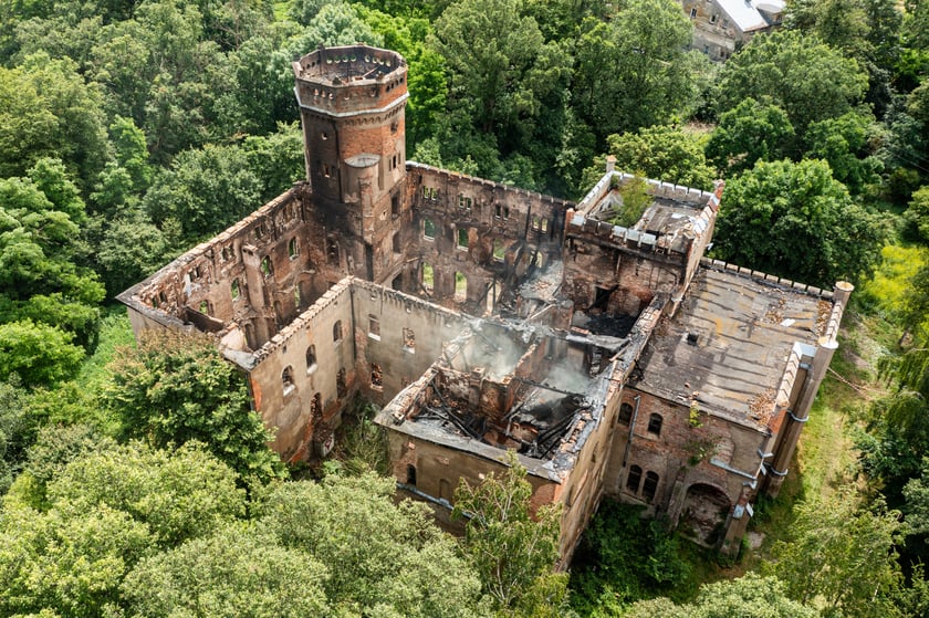 Widok z lotu ptaka na spalony pałac w Świniarach&nbsp;