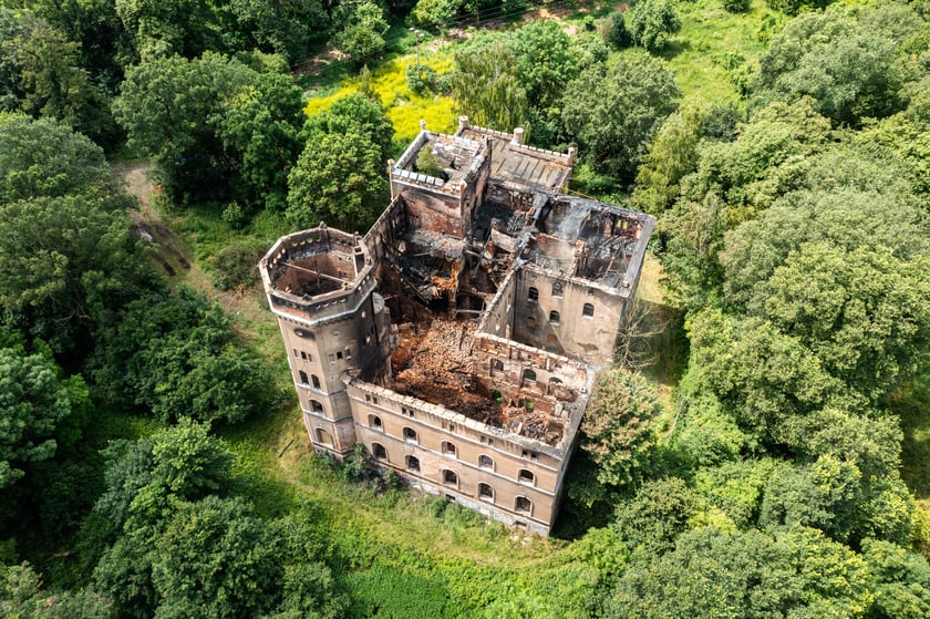 Widok z lotu ptaka na spalony pałac w Świniarach&nbsp;