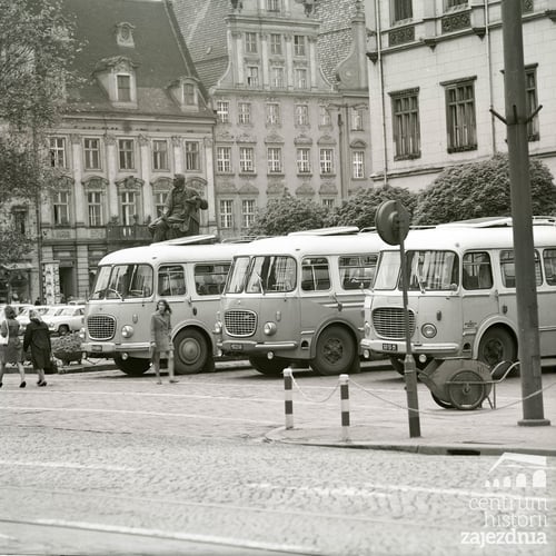 Trzy autobusy Jelcz 043 stojące przy wrocławskim ratuszu w roku 1970; w tle widać pomnik Aleksandra Fredry