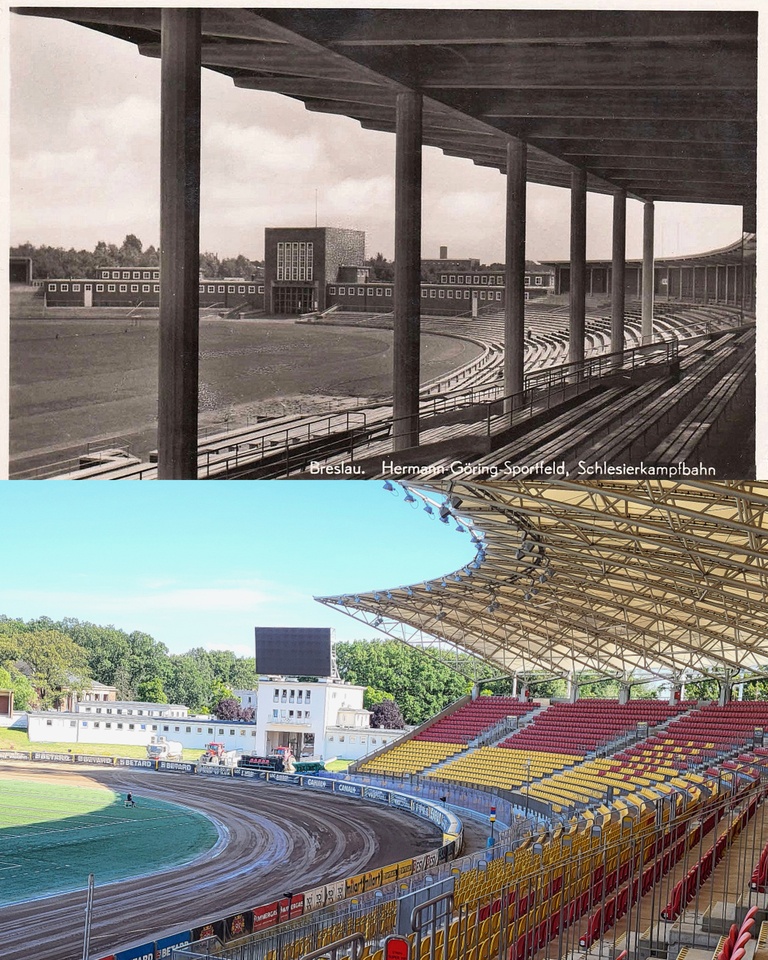 Brama główna oraz część trybuny zachodniej Stadionu Olimpijskiego (niem. Hermann Göring-Sportfeld) na zestawieniu porównującym lata 1936/2024.