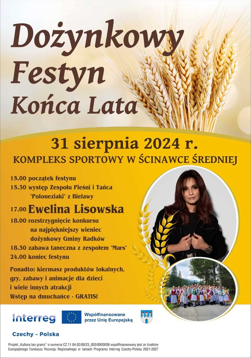 Dożynki w Ścinawce Średniej. 31 sierpnia o godz. 17 wystąpi Ewelina Lisowska&nbsp;