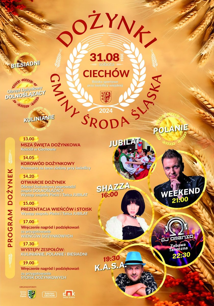 Dożynki w Ciechowie. 31 sierpnia O godz. 16 wystąpi Shazza, a o 21 - Weekend