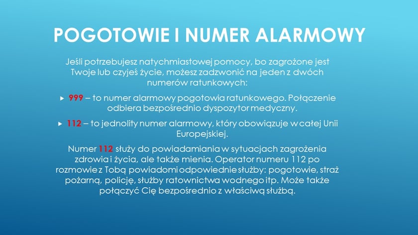 Tablica informacyjna: Pogotowie i numer alarmowy