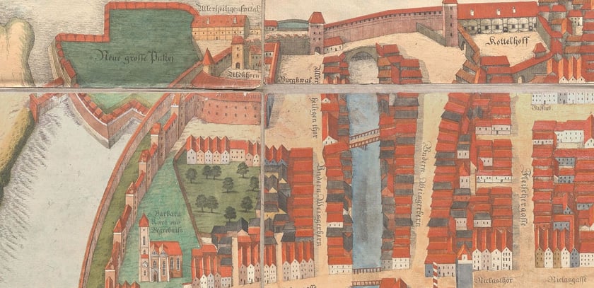 Arsenał miejski, kości&oacute;ł pw. św. Barbary, fosa wewnętrzna.