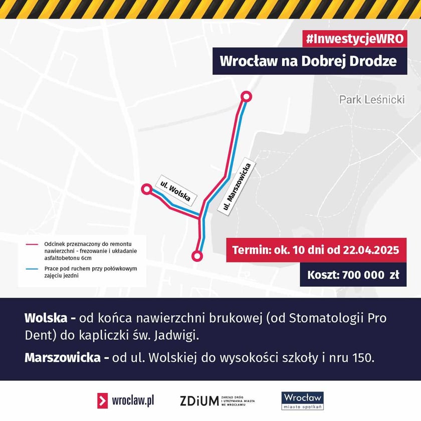 Fragmenty ulic przeznaczonych do remontu na Leśnicy (grafika z mapą)