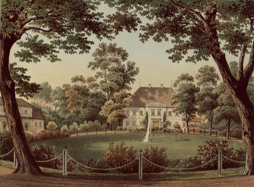 Pałac w Borku koło Głogowa. Litografia powstała w latach 1863-1864.