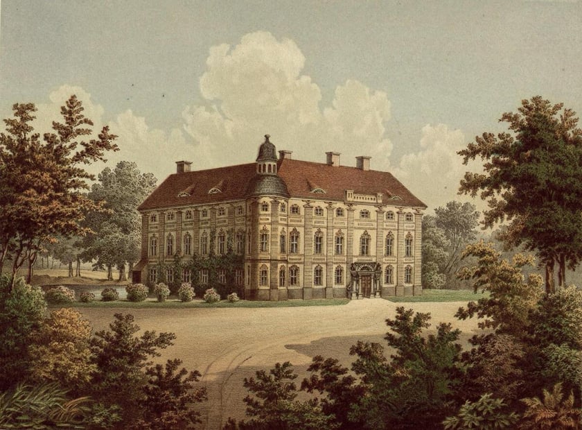 Pałac w Broniszowie koło Nowej Soli. Litografia powstała w latach 1863-1864.