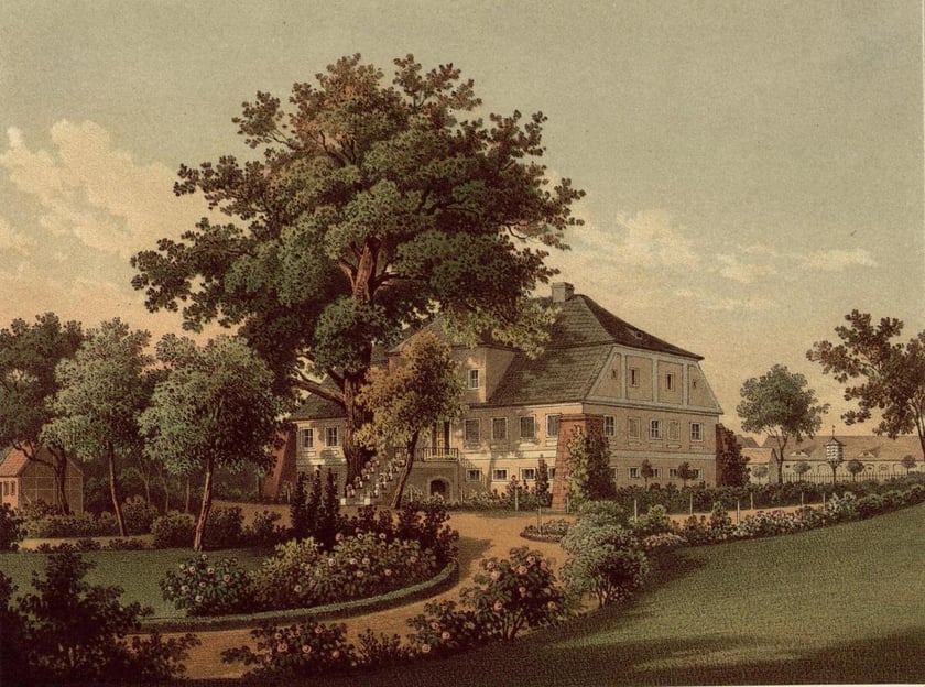 Dw&oacute;r w Golkowicach koło Głogowa. Litografia powstała w latach 1863-1864.