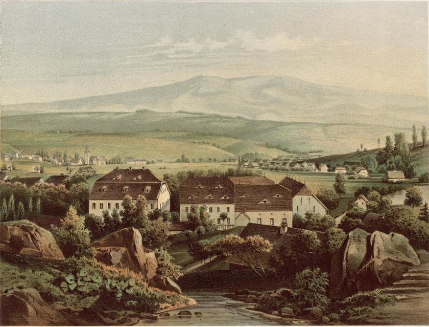 Dw&oacute;r z Kościelniku koło Lubania. Litografia powstała w latach 1862-1863.