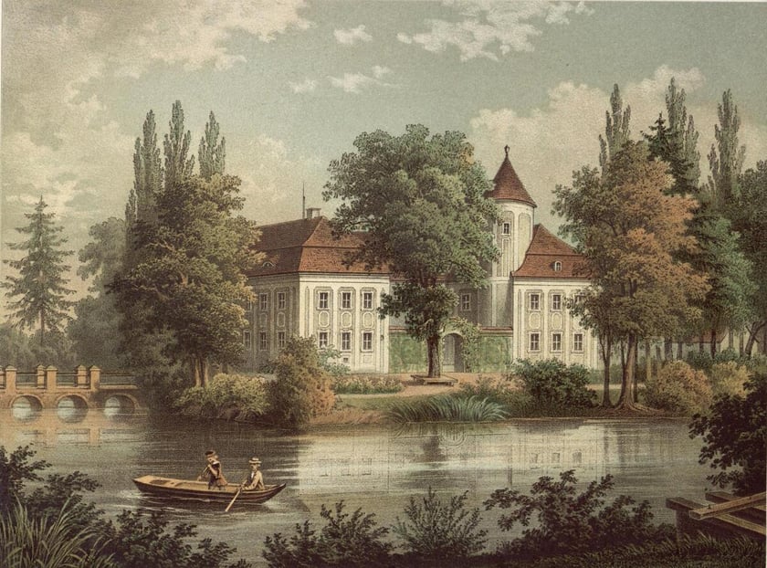 Pałac w Kromolinie koło Głogowa. Litografia powstała w latach 1862-1863.