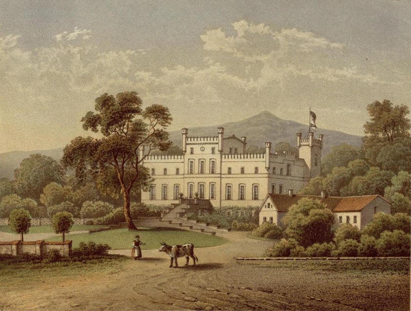 Pałac w Mietkowie. Litografia powstała w latach 1863-1864.