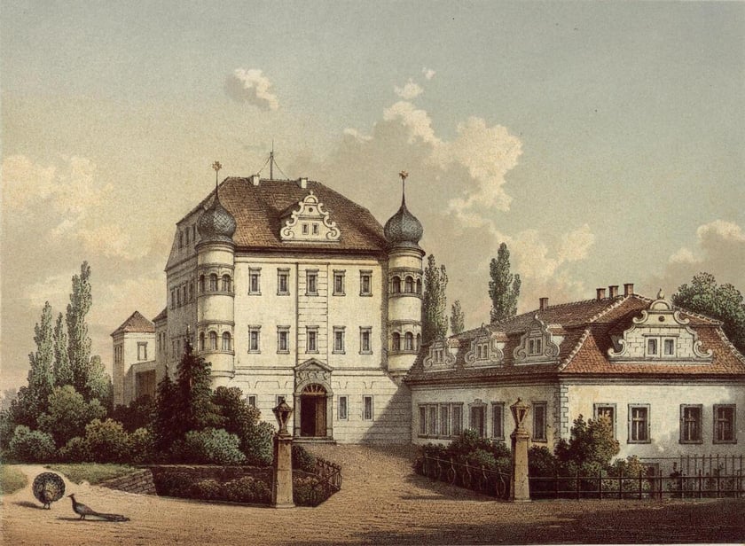 Pałac w miejscowości Modła koło Bolesławca. Litografia powstała w latach 1863-1864.