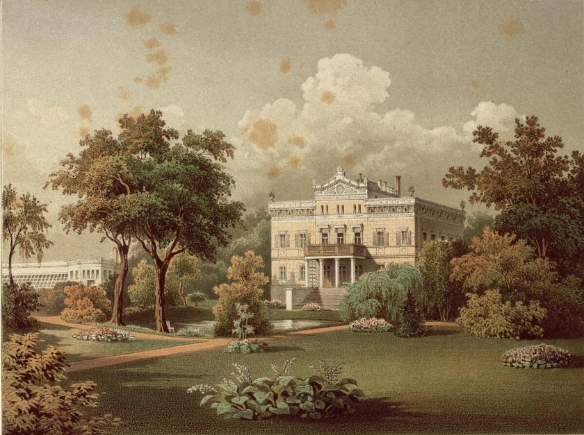 Pałac w Mokrzeszowie Dolnym. Litografia powstała w latach 1862-1863.