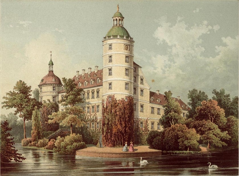 Zamek w Mużakowie. Litografia powstała w latach 1862-1863.