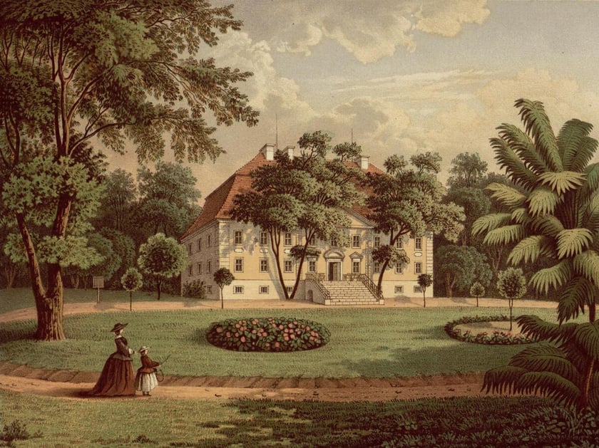 Dw&oacute;r w Ostrawie koło G&oacute;ry. Litografia powstała w latach 1863-1864.