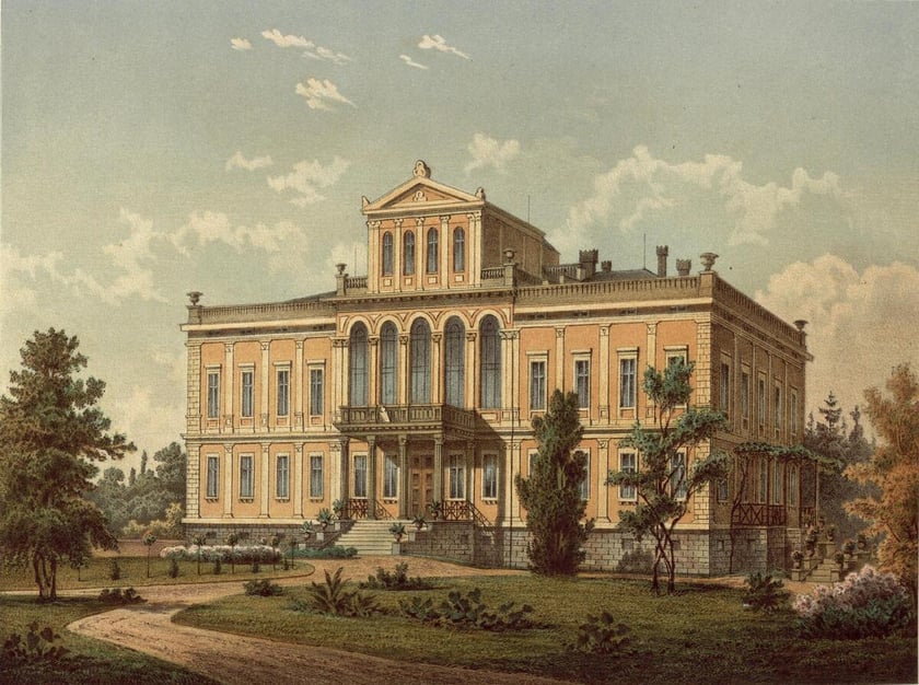 Pałac w Studniskach Dolnych w powiecie zgorzeleckim. Litografia powstała w latach 1863-1864.