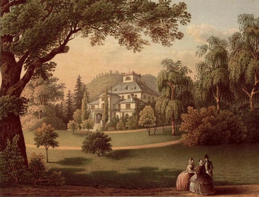 Pałac w Szarocinie koło Kamiennej G&oacute;ry. Litografia powstała w latach 1863-1864.