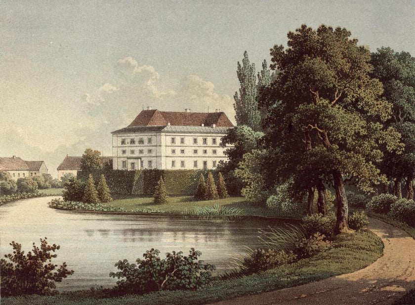 Dw&oacute;r w Szczapanowie położony nieopodal masywu Ślęży. Litografia powstała w latach 1863-1864.