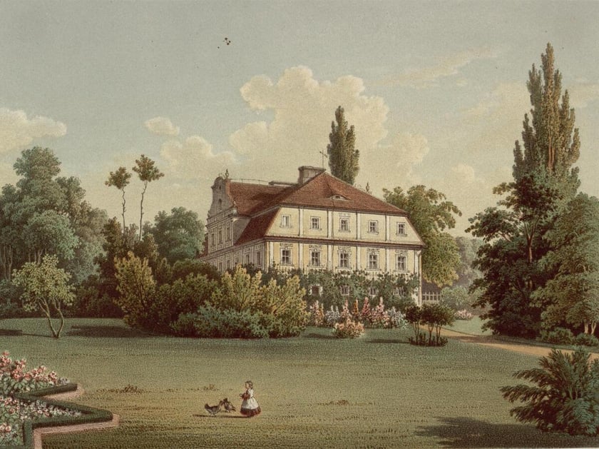 Dw&oacute;r w Szybie koło Nowej Soli. Litografia powstała w latach 1863-1864.