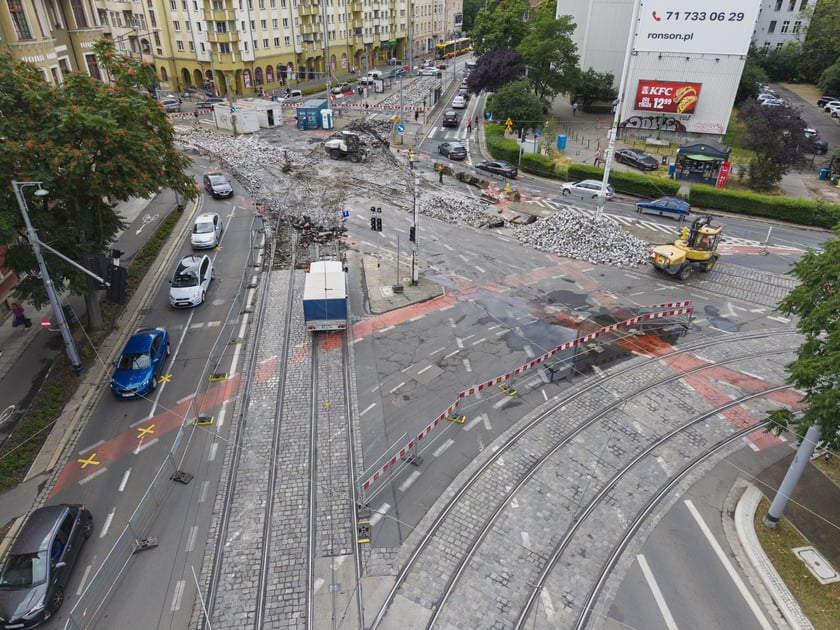 Wymiana rozjazdów tramwajowych na skrzyżowaniu Dubois z Pomorską (Nadodrze), 7 lipca 2025