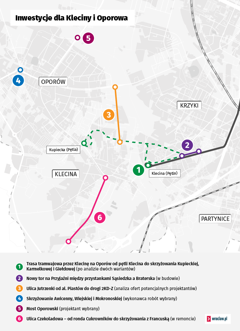Fragment mapy Wrocławia z Oporowem i Kleciną i oznaczeniem lokalizacji inwestycji na tych osiedlach