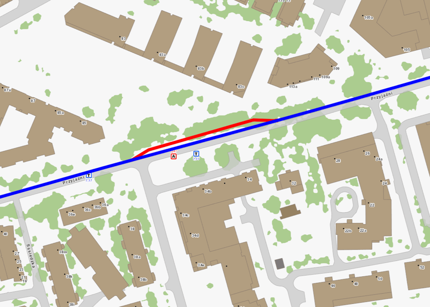 Mapa przedstawia fragment ulicy Przyjaźni i miejsce, w kt&oacute;rym powstanie mijanka. Jej zachodni koniec będzie na wysokości ulicy Braterskiej