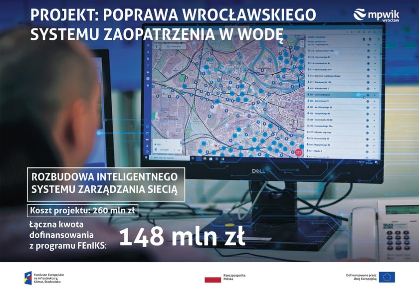 Konferencja prasowa wok&oacute;ł projektu &bdquo;Poprawa wrocławskiego systemu zaopatrzenia w wodę&rdquo;, kt&oacute;ry dofinansowano z unijnego programu FEniKS