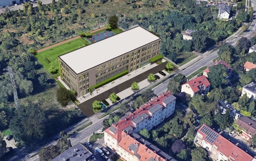 Wizualizacja budynku szkoły i przedszkola przy ul. Kamieńskiego