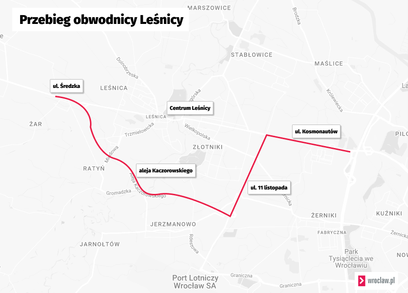 Mapa z zaznaczonym przebiegiem obwodnicy Leśnicy