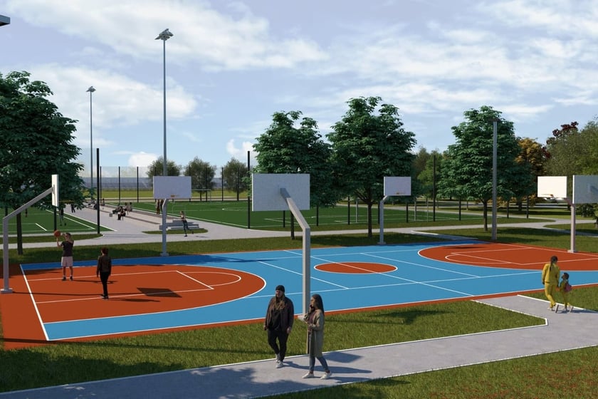 Wizualizacja odnowionych boisk koszykarskich na stadionie Lotnicza