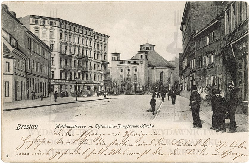 Ulica Jedności Narodowej na wysokości wylotu ul. Henryka Pobożnego około roku 1902. Poczt&oacute;wka wysłana w roku 1906.&nbsp;