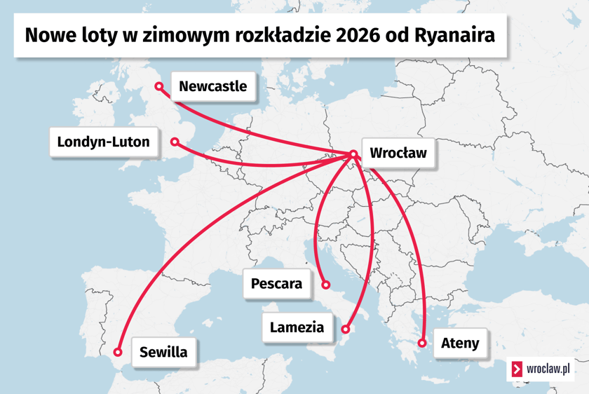 Mapa nowych połączeń Ryanaira z Wrocławia na zimę 2025/2026