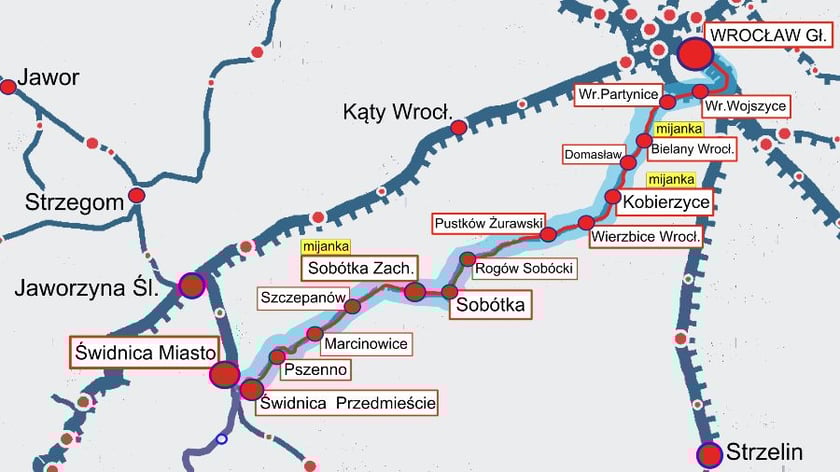 Mapa przystanków na trasie z Wrocławia Głównego do Świdnicy Miasto