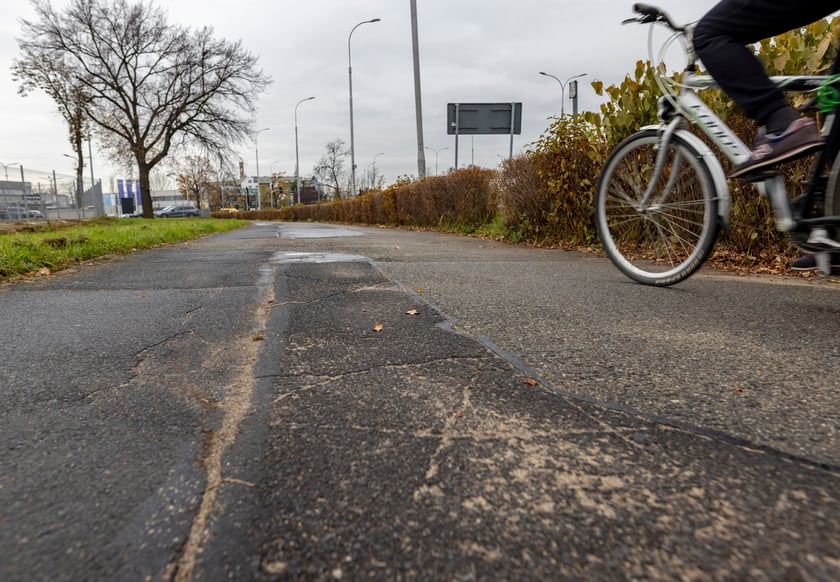 Na zdjęciu przeznaczona do remontu droga rowerowa wzdłuż ul. Krzywoustego
