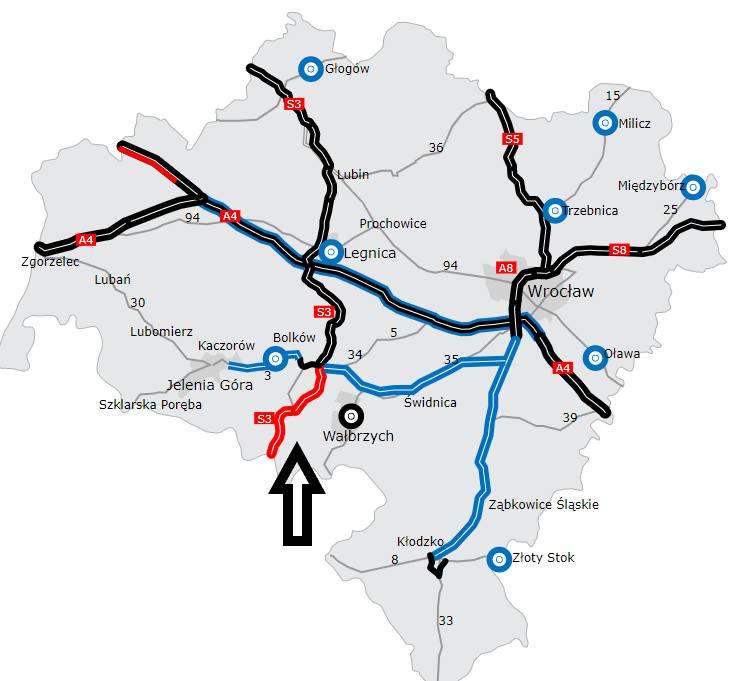 Budowa drogi ekspresowej S3 na Dolnym Śląsku. Mapa