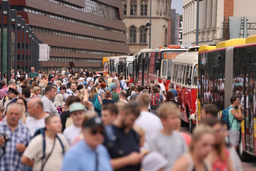 Parada autobusów nowym odcinkiem trasy autobusowo-tramwajowej na Nowy Dwór.