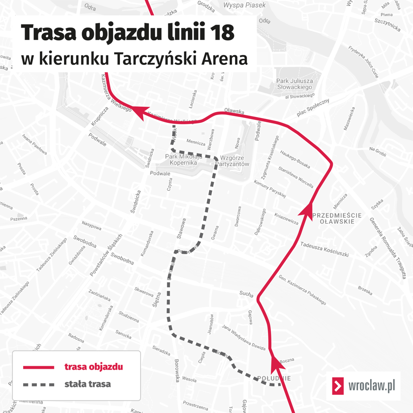 Trasa objazdu tramwaju linii 18.