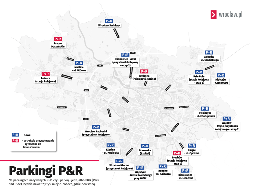 Mapa przedstawia lokalizację parkingów P+R.
