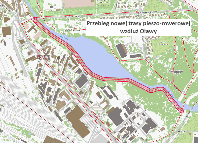 Nowa trasa (tutaj pogrubiona) jest już dodana do sieci dróg rowerowych na miejskiej mapie (cienkie czerwone linie).