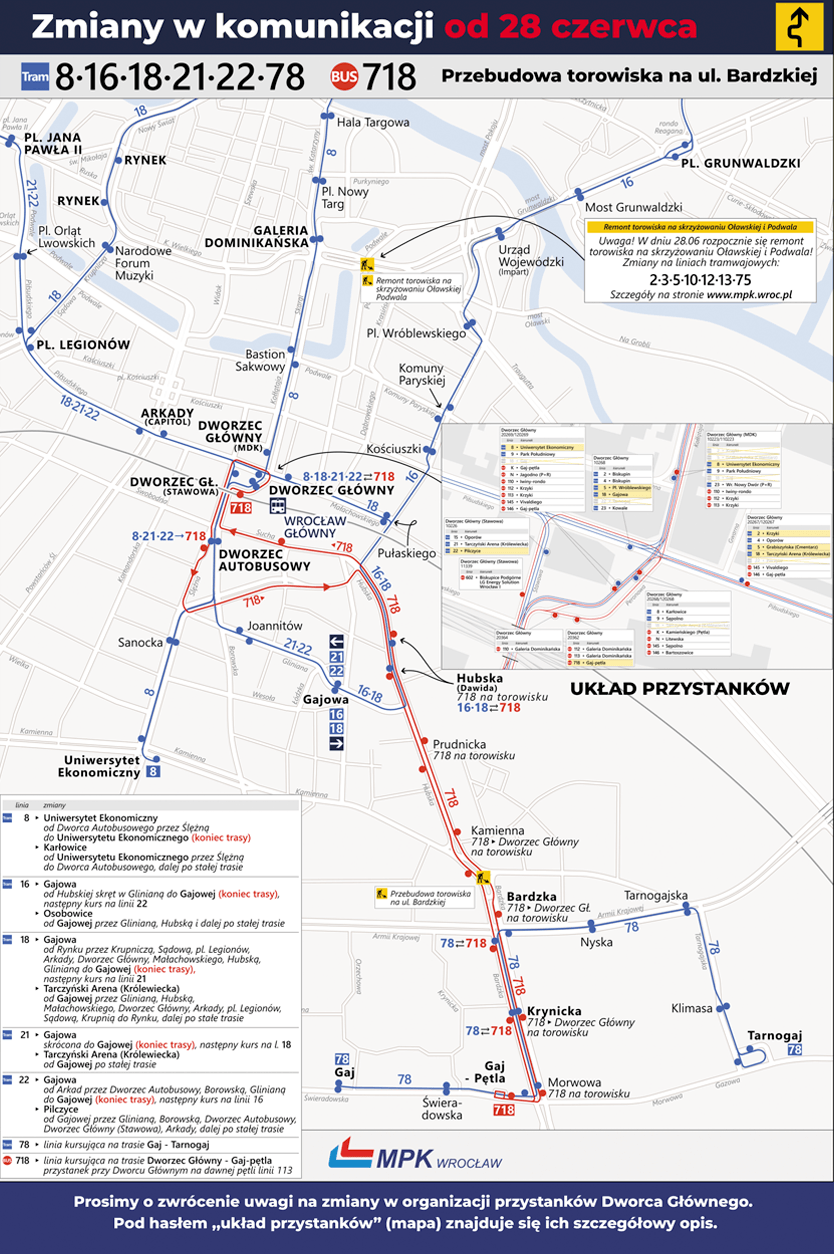 Mapa przedstawia zmiany w komunikacji miejskiej obowiązujące od 28 czerwca związane z przebudową ulicy Bardzkiej