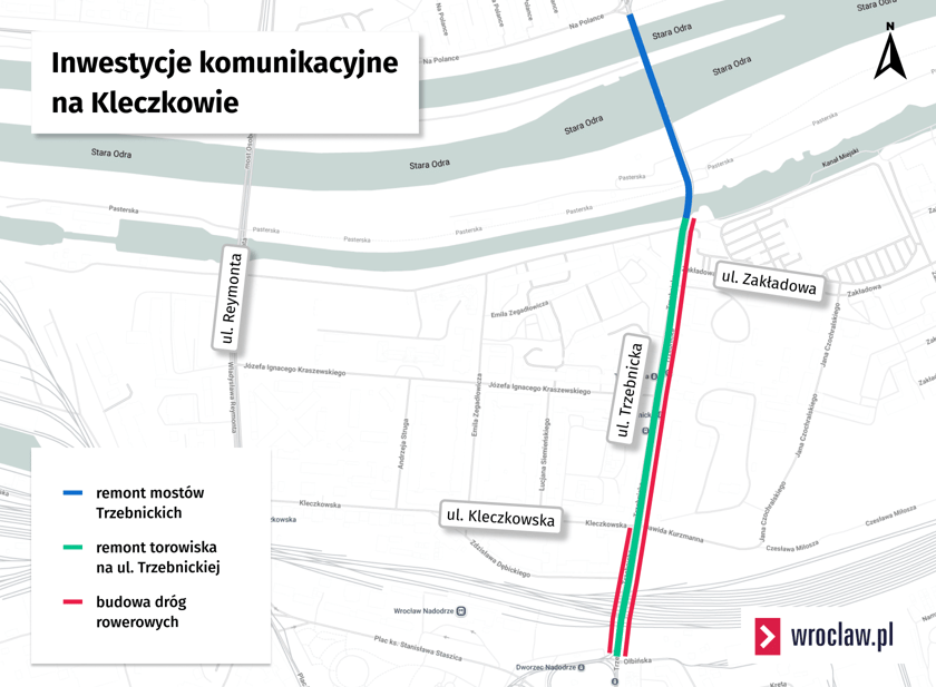 Mapa przedstawia zakres inwestycji komunikacyjnych na Kleczkowie