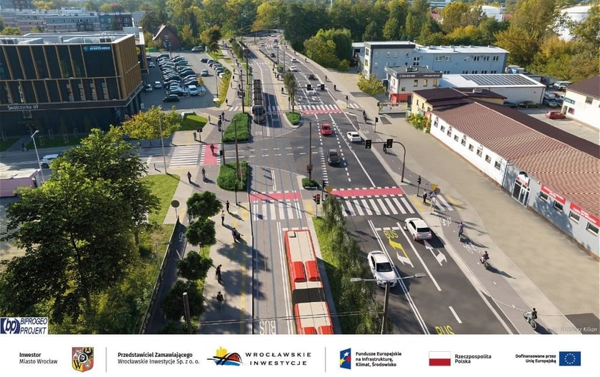 Ulica Swojczycka z wybudowaną trasą autobusowo-tramwajową