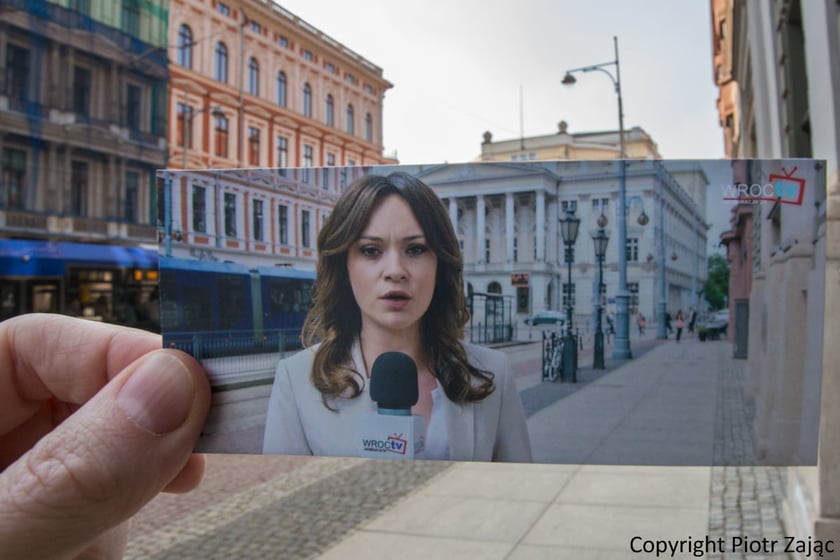 Film "Plagi Breslau", reż. Patryk Vega. Na zdjęciu Maria Dejmek&nbsp;jako dziennikarka Agnieszka Lenarcik na tle Opery Wrocławskiej