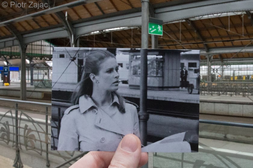Serial "Stawka większa niż życie", odcinek 12 - "Zdrada". Beata Tyszkiewicz na peronie Dworca Głownego PKP we Wrocławiu.